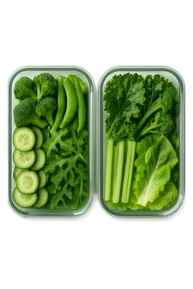 verdure tagliate e sistemate in due schiscette di vetro viste dall'alto, iperrealistico 4k sticker