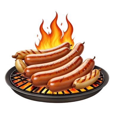 Cinematic Realistic Sausage Sizzle Dish Emoji, featuring sizzling sausages cooking over an open flame rendered with dynamic textures and warm, smoky lighting. sticker