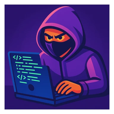 Show the purple-themed hacker actively coding on a laptop, with glowing code on the screen, keep the digital vibrant toon style sticker