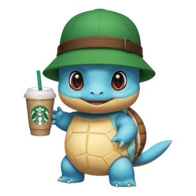 Squirtle with a Starbucks cup and a green hat with a Starbucks logo on it sticker
