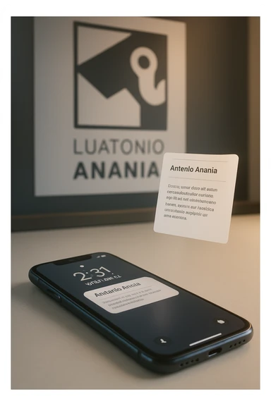 A photo of an iPhone with the message "Antonio Anania" on its screen, hovering over it is another document floating in mid-air, both surrounded by soft light and shadow. The phone sits atop a desk with a blurred background that suggests work environment. A faint glow from above casts gentle shadows across the surface of each object, creating depth and highlighting their textures. sticker