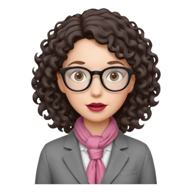 A crazy female scientist, with curly-wavy dark brown hair, brown eyes and light grey glasses and pale skin and pinkish lips, dressed to look like an english teacher but in neutral tones like grey black white, maybe with the pop of dark red sticker
