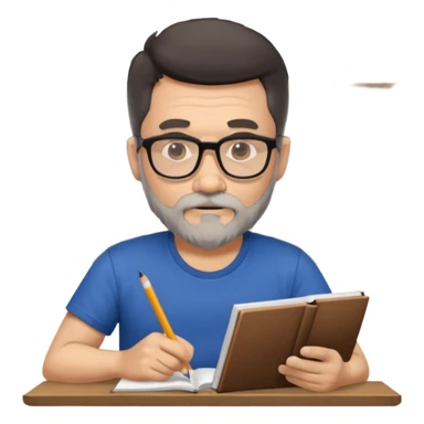 A man with a large gray beard, dark hair, wearing a t-shirt and glasses, studying. sticker