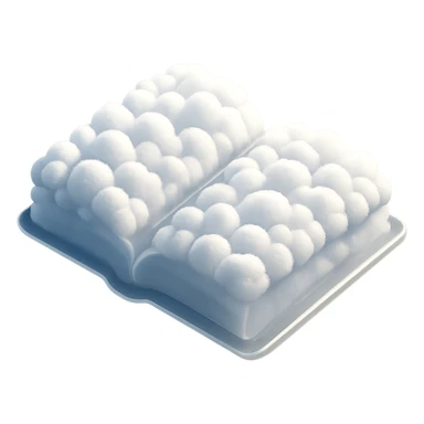 thick open book viewed from above, made entirely of small very bright white fluffy convex clouds, matte glass style, focus on volume and airiness, no background sticker