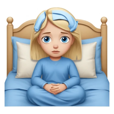 blond girl, big blue eyes sitting in alone in bed looking sad  sticker