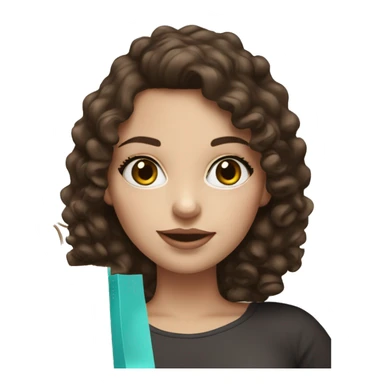 White skinned girl with dark brown curly hair and long lashes with shopping bag sticker