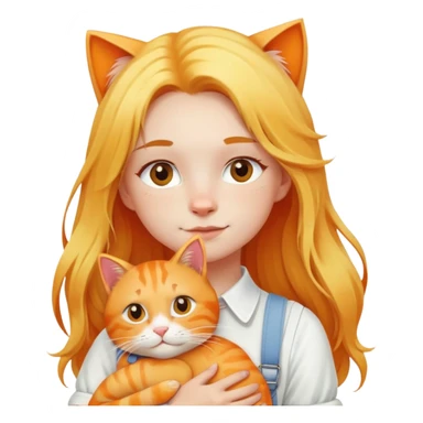 Caucasian girl - long yellow hair - white suspenders - hugging - a orange cat sticker