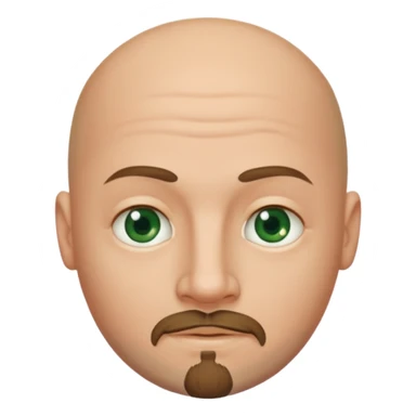 white caucasian bald man's face, with brown  round goatee and dark green eyes, oval face, rounded, big, little eyes a small smile sticker