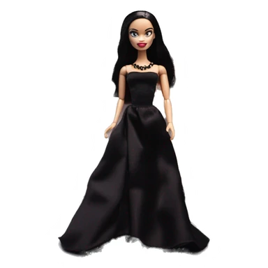 Wednesday Addams Barbie’s Food Truck.  Small very light skin face. Black eyeshadow. Earrings matching necklaces. Long silky raven hair. black flowing strapless tight evening gown neckline that’s off-the-shoulders shows her legs and black high heel arms up sticker