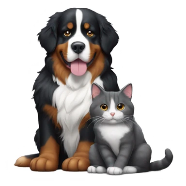 A Bernese Mountain Dog lies next to a dark gray cat sticker