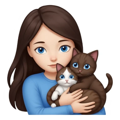 a girl with long dark 
brown hair, with blue eyes, hugs 3 different natural coloured small cats sticker
