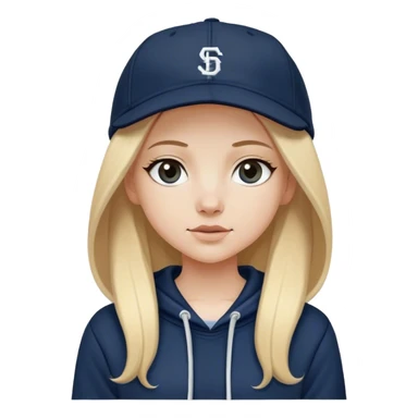 White girl with long straight blonde hair with a middle part wearing a black baggy hoodie with a navy blue baseball cap on sticker