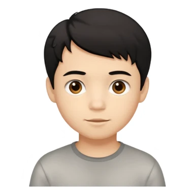Simple iOS-style emoji of a young boy with short, slightly messy black hair, a round face, large brown eyes, and a small neutral smile sticker