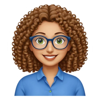 40 yr old Iranian woman, light brown very curly thick hair, shoulder length hair, green eyes, tan skin, big smile, big glasses, with pretty blue blouse sticker