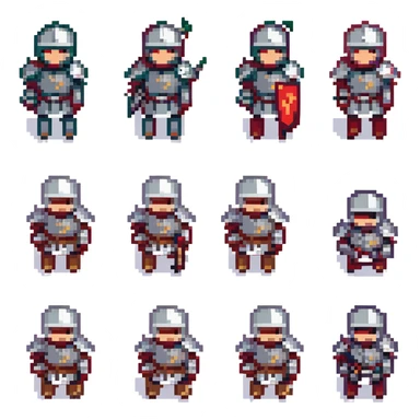 A pixel art knight in armor with a closed helmet, expressing disappointment. The knight's arms and legs are in different positions. The image is portrait-sized and has a clear outline. sticker