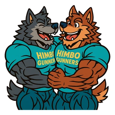 two hyper-muscular wolf furry characters in 'Himbo gunners' t-shirts, hugging, big smiles, playful and affectionate, oversized and detailed muscles, intricate fur, ultra high quality sticker