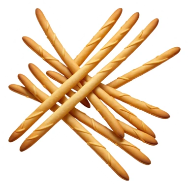 loose cluster of thin crunchy breadsticks with golden-brown slightly blistered surface and subtle curves, straight or slightly uneven sticks, crisp dry textures, rustic baked look, no packaging, no dip, no extras, soft lighting, subtle shadows, emoji scale sticker