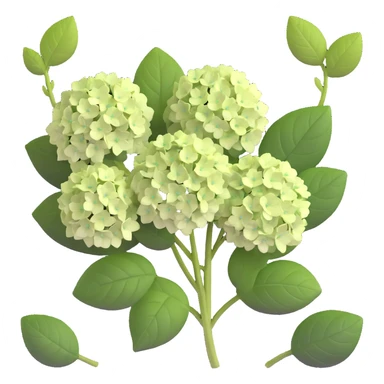 Charming hydrangea flower with kawaii style, soft rounded flower clusters in pretty pastel colors, and cute green leaves sticker