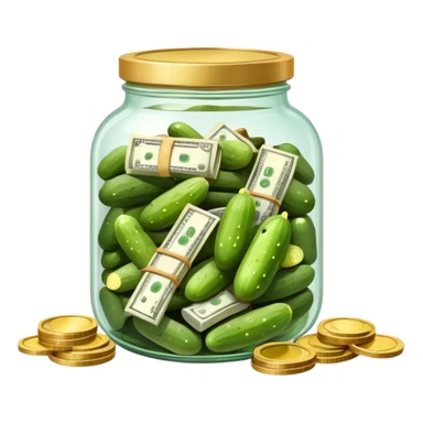 банка с маринованными огурцами и пачками денег с монетами sticker