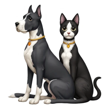 Large Black and white great dane dog sitting with a black and white cat sticker