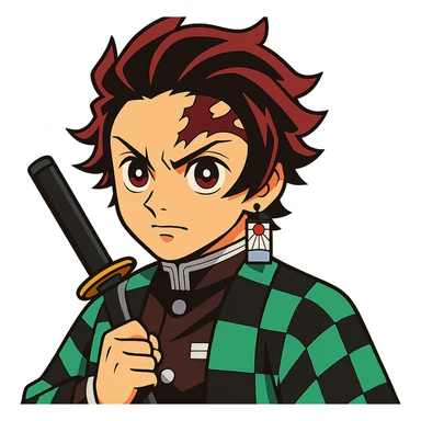 Tanjiro Kamado from Demon Slayer, vibrant anime style, green and black checkered haori, hanafuda earrings, determined expression sticker