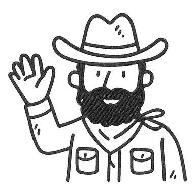 bearded cowboy raising hand, hand drawn style sticker