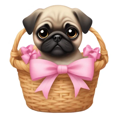  Baby pug with big pink
eyes wearing a pink bow sitting in a basket  sticker
