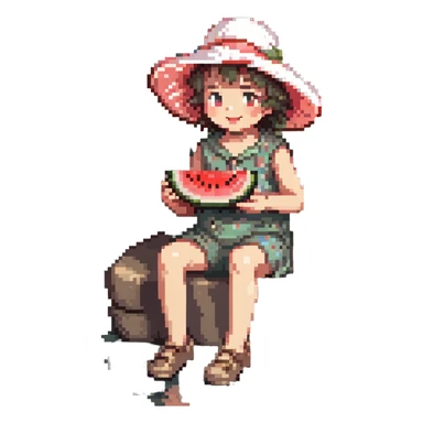 cheerful child in a floppy sun hat eating watermelon, sitting on a riverbank, pixel art, bright summer colors sticker