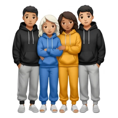 four mixed race friends all wearing oversized hoodies, sweatpants, and slides huddled together hugging sticker