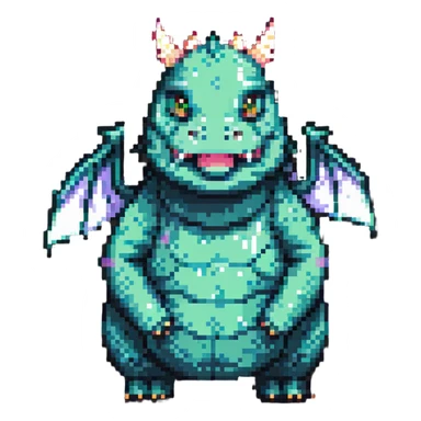 pixel art dragon, tiny wings, chubby body, cheerful expression sticker