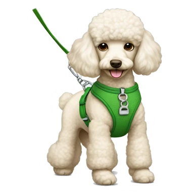 Cream poodle with a green harness and a green leash. sticker