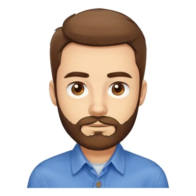 Head portrait of Puerto Rican actor René Monclova. Round face, wide jaw, light complexion. Expressive brown eyes, thick eyebrows. Short brown hair. Unkempt beard, medium length and brown. Friendly expression. Wearing a blue button-up shirt. sticker