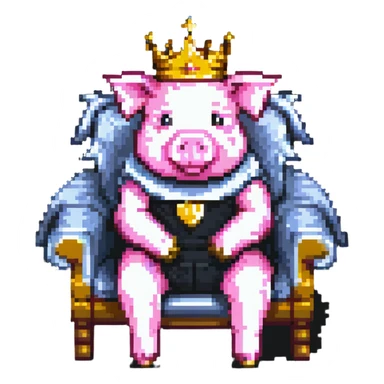 minimal abstract pixel art pig with a golden crown sitting on a throne, blocky and square like Minecraft, very few pixels sticker