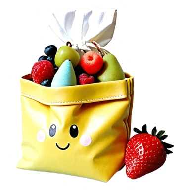 Ein weicher, bunter Standbeutel für Kinder, gefüllt mit püriertem Obstmus. Oben hat er einen kleinen wiederverschließbaren Schraubverschluss, aus dem Kinder direkt trinken oder saugen. Verpackung wie Babynahrung-Beutel aus dem Supermarkt, mit fröhlichem Obst-Design (Apfel, Banane, Erdbeere). sticker