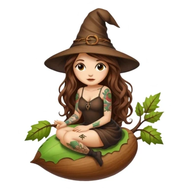 cute forest witch woman long wavy brown hair tattoos sitting inside acorn sticker