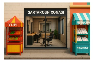 brohouse sartarosh xonasini chizib ber tashqaridan va uning yonida yupi va musqaymoq sotadigan lavkalar bulsin va sartarosh xona sal zamonaviyroq bulsin sticker