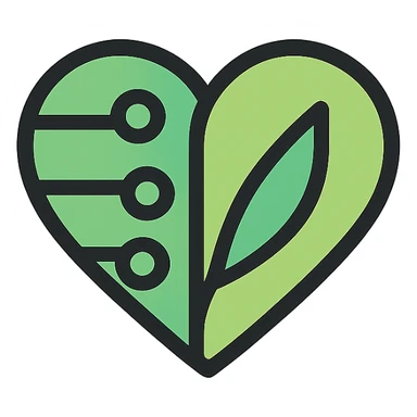 minimalist emoji-like icon representing health and technology, green heart with embedded circuits on the left and a leaf shape on the right, clean flat style, optimized for small sizes 32x32 px sticker
