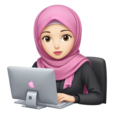 white skin hijab scarf woman working in computer. Her outfit is white, her lips is pink, her expression is focused on computer sticker