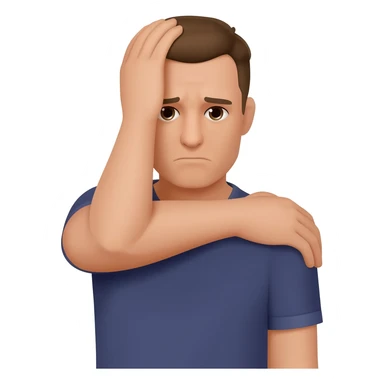 A man who is depressed with his left arm draped over his head so his left hand is touching his right shoulder sticker