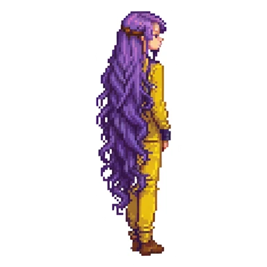 Girl with long purple hair that flows down her back, pixel art style sticker