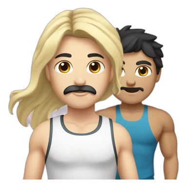 A guy with white skin, black hair, and a mustache with a blonde girl going to the gym sticker