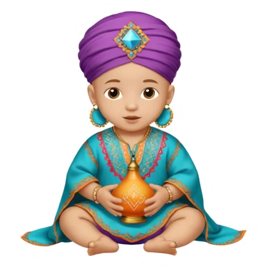  baby, dressed in colorful ghalibiya with delicate decorations, and a traditional Moroccan terbuka sticker
