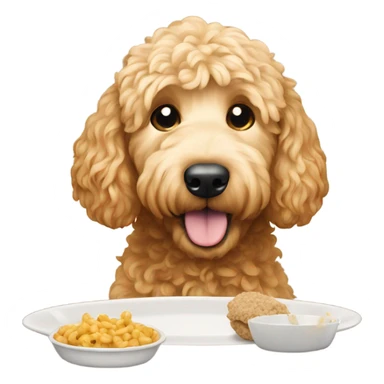 Golden doodle eating food sticker