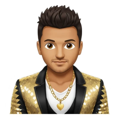 Peter Andre with dark brown hair, black sequin jacket, shirtless with necklace sticker