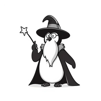 a penguin wizard with glasses, a long beard, and a wand, hand-drawn doodle style sticker