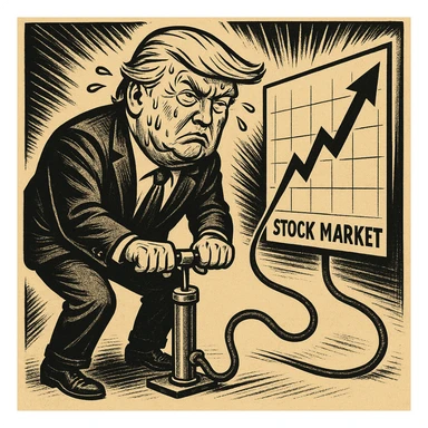 Дональд Трамп в стили пропагандисткой карикатуры в поте лица качает через насос, который подключен к фондовому рынку sticker