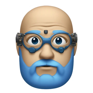 Bearded Fat bald cyborg head with tan skin, blue beard, blue goggles and circuits sticker