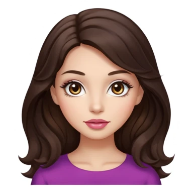 girl with wavy long glamorous dark brown hair, brown eyes, light to medium complexion, long lashes, almond shaped eyes, light pink lipstick, square shaped face sticker