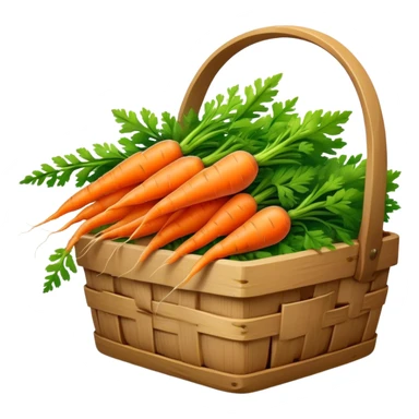 Cinematic vibrant orange carrot, crisp and fresh, slightly twisted with green leafy tops, arranged in a rustic wooden basket, natural and inviting. sticker