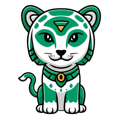 Maya sacred jaguar messenger - important message, perfect geometric lines like hieroglyphics, ONLY white and deep green colors, no other colors, flat design sticker